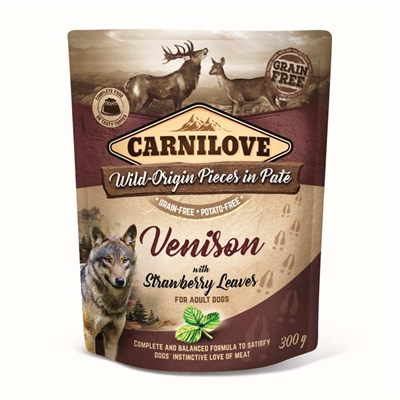 CARNILOVE DOG POUCH HERT / AARDBEIENBLAD 12X300 GR