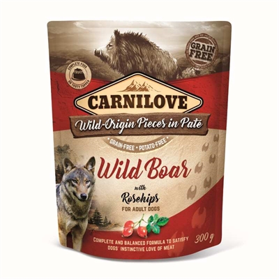 CARNILOVE DOG POUCH WILD ZWIJN / ROZENBOTTEL 12X300 GR