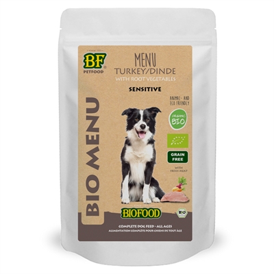 BF PETFOOD ORGANIC HOND KALKOEN MENU POUCH 14X150 GR